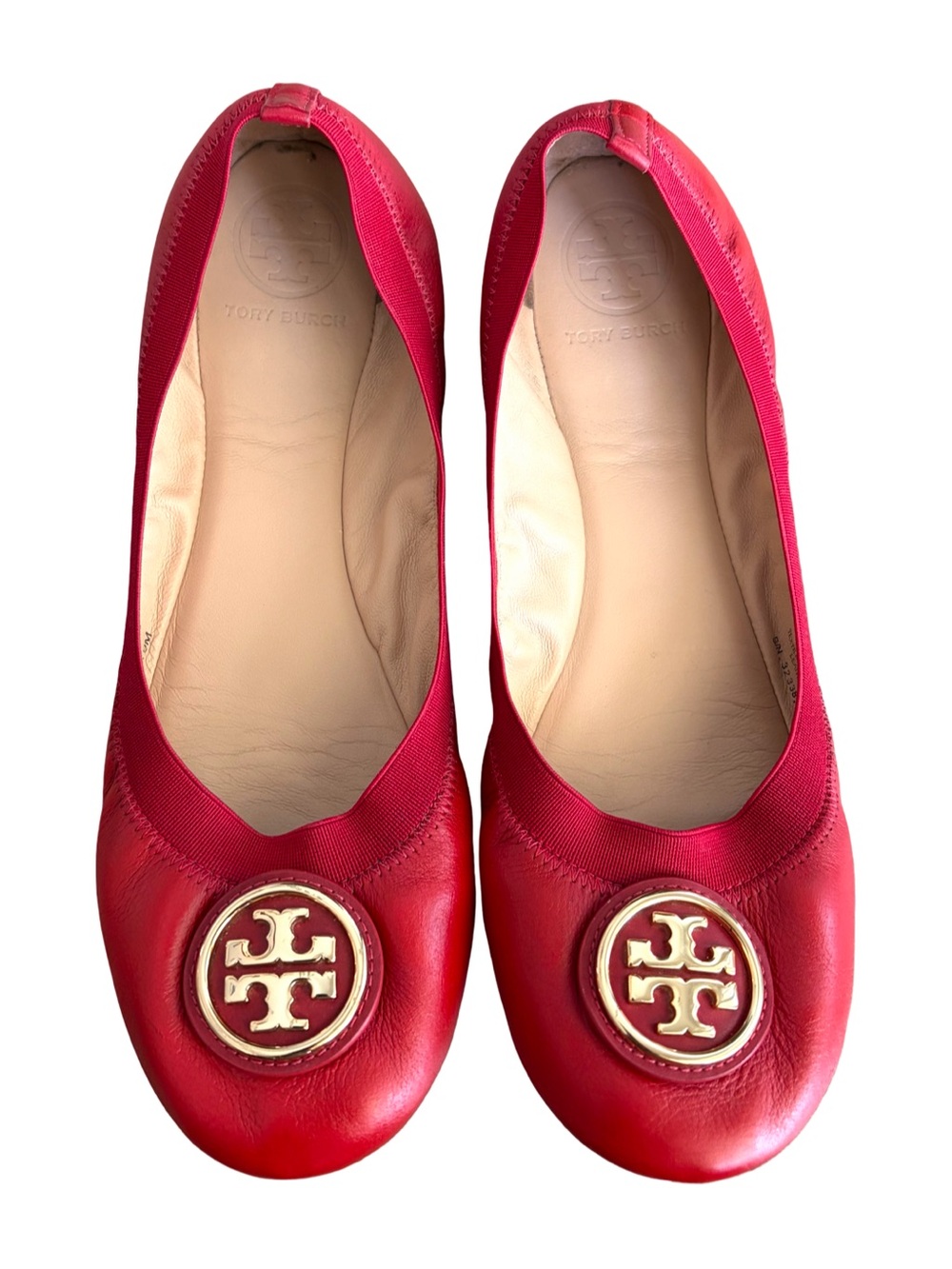 Tory Burch Red Leather Caroline Ballet Flat Shoes Sz 9 M Red&Gold Logo Medallion